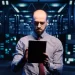 IT professional using a tablet in a server room