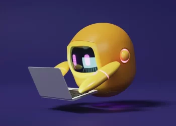 A robot using a laptop to master AI prompts with JavaScript & React, on a purple background.
