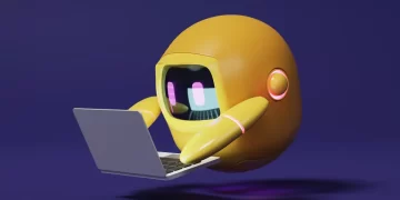 A robot using a laptop to master AI prompts with JavaScript & React, on a purple background.
