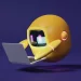 A robot using a laptop to master AI prompts with JavaScript & React, on a purple background.