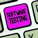 The image has several symbolic keypresses of the keyboards, where one keypress has the word software testing.