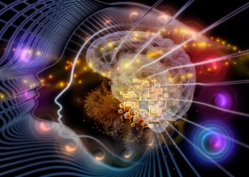 Abstract art of a human silhouette with a brain interconnected with digital and mechanical gears, symbolizing the fusion of human cognition and technology in IS research
