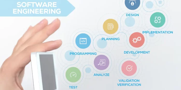 Conceptual diagram of the software engineering life cycle stages, including planning, design, and testing