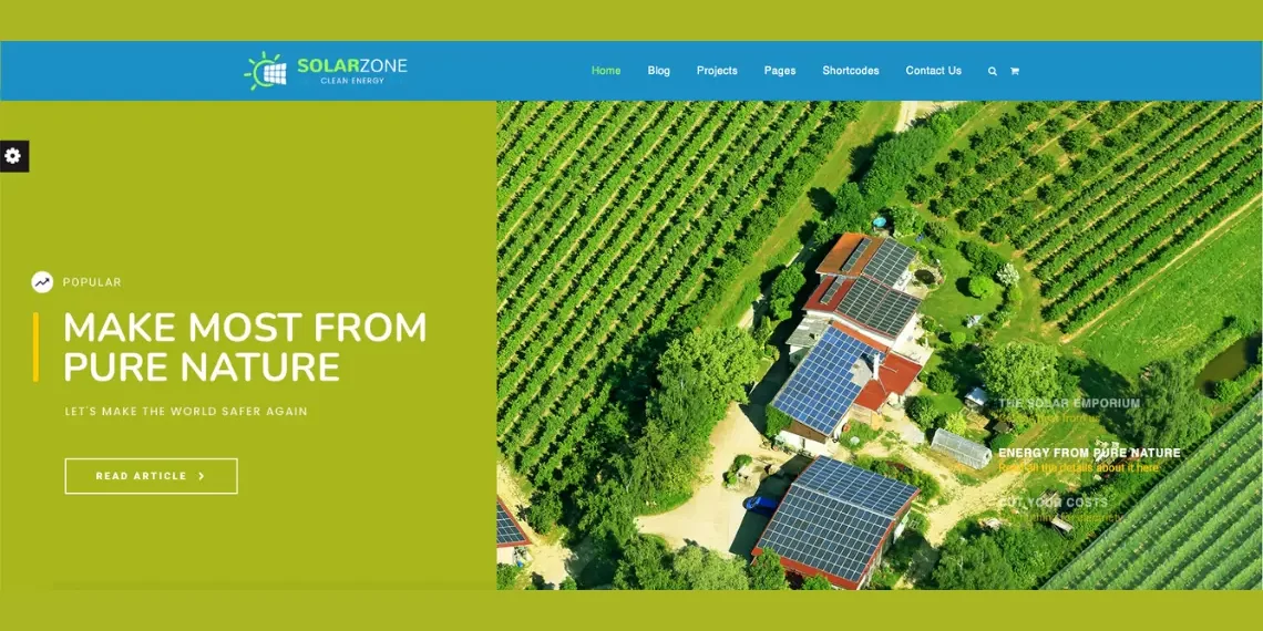 SolarZone theme showcasing eco-friendly WordPress layout with solar panels