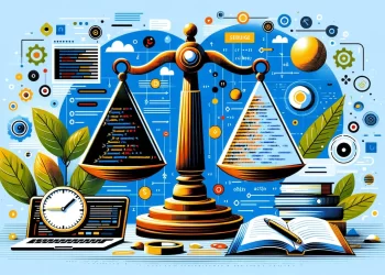 Balance scale illustrates the management of technical debt in software development, with code snippets and stable structures symbolizing the balance between quick solutions and long-term quality.