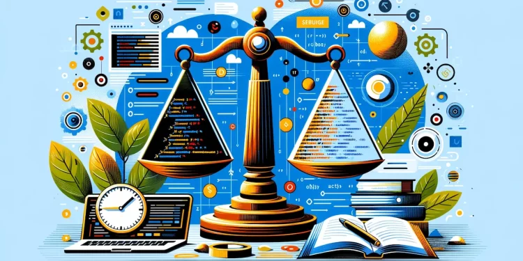 Balance scale illustrates the management of technical debt in software development, with code snippets and stable structures symbolizing the balance between quick solutions and long-term quality.