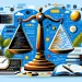 Balance scale illustrates the management of technical debt in software development, with code snippets and stable structures symbolizing the balance between quick solutions and long-term quality.
