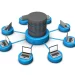 Choosing the right database: Central database connected to multiple laptops representing data distribution and connectivity