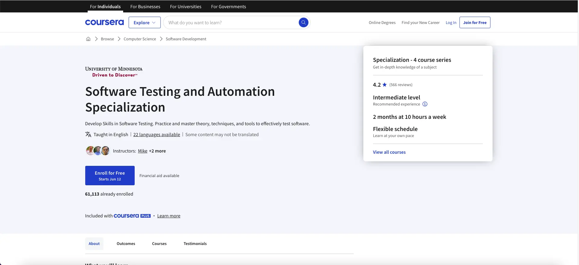 Screenshot of the Coursera course page for Software Testing and Automation Specialization