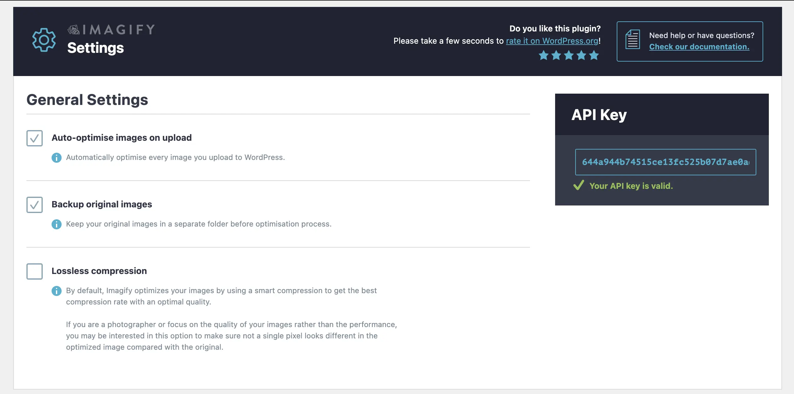 Imagify plugin settings page in WordPress