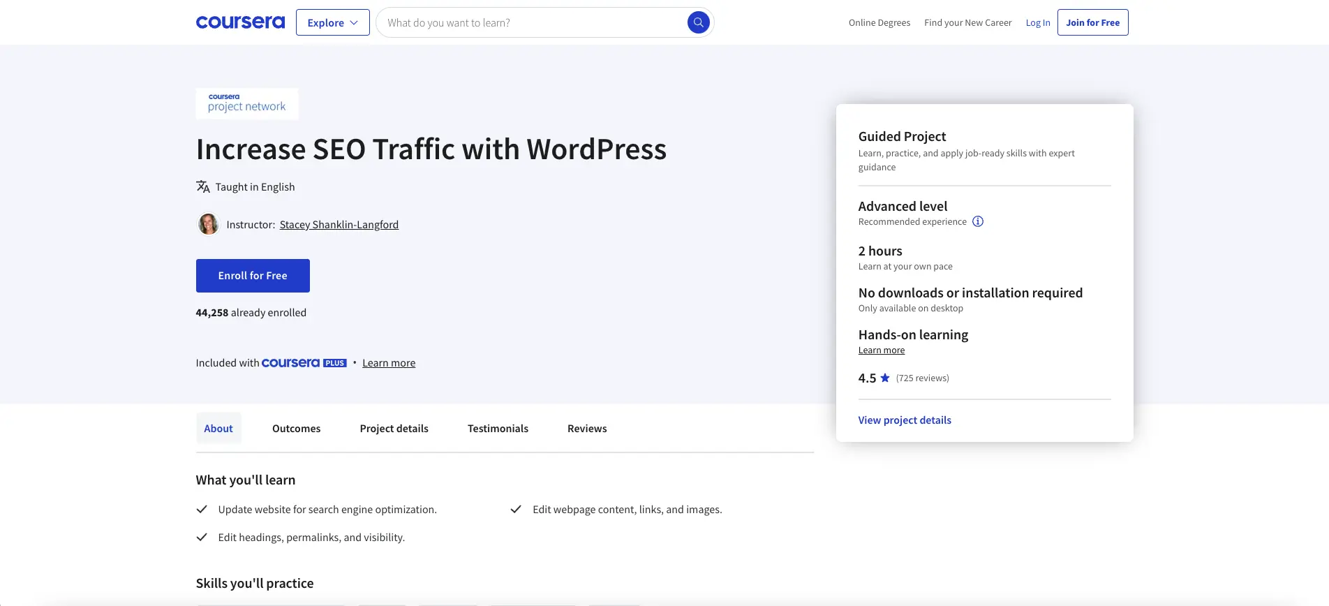 Increase SEO Traffic with WordPress Coursera Course