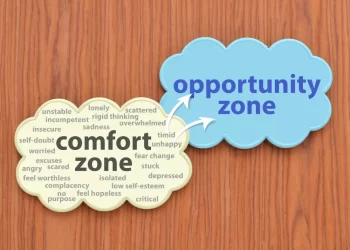 Comfort zone vs opportunity zone illustration with associated emotions and thoughts.