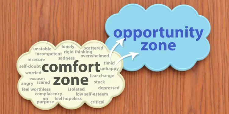 Comfort zone vs opportunity zone illustration with associated emotions and thoughts.