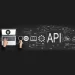 Hands typing on a laptop with API development icons, showcasing technology and integration