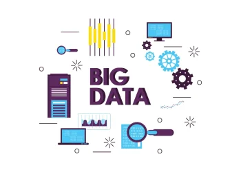 Illustration of big data challenges with servers, graphs, and computational tools.