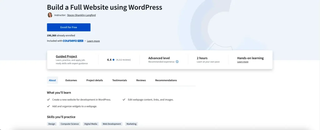 Build a Full Website Using WordPress on Coursera