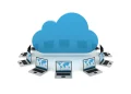Illustration of multi-cloud computing with a cloud icon connected to multiple laptops