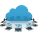 Illustration of multi-cloud computing with a cloud icon connected to multiple laptops