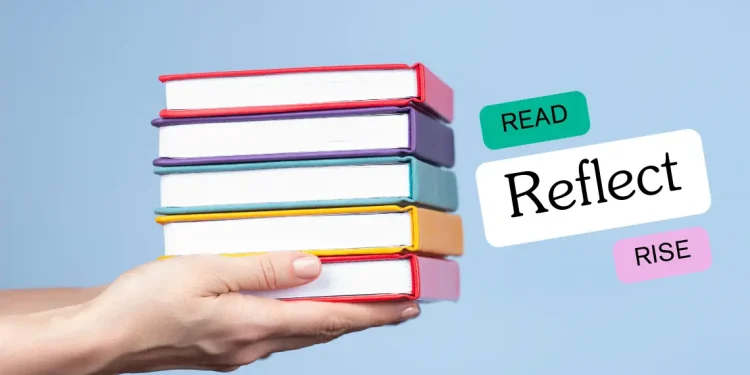 Stack of colorful books held in hand with text Read, Reflect, Rise – symbolizing self-help for tech professionals