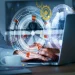 Person working on laptop with digital transformation interface graphics, representing accountability and collaboration.