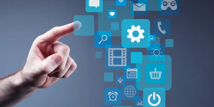 Finger touching digital icons representing a platform ecosystem and user interaction