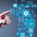Finger touching digital icons representing a platform ecosystem and user interaction