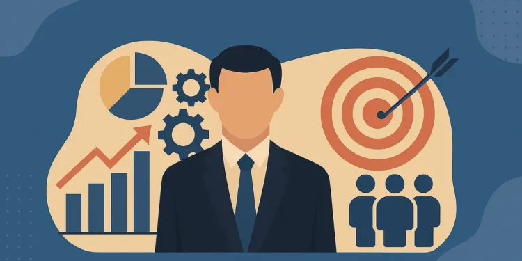 Illustration representing the importance of management in driving organizational success with charts, gears, and a business leader.
