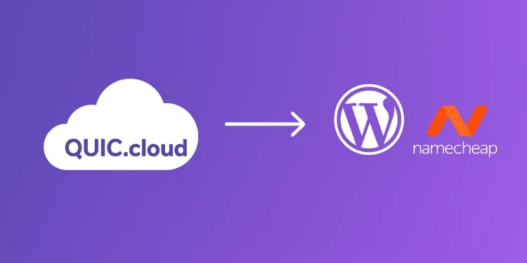 QUIC.cloud integrated with WordPress and Namecheap illustrated on purple background