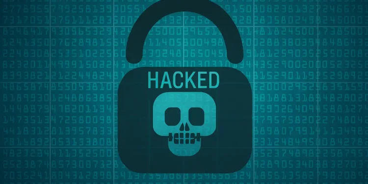 Cybersecurity lock icon showing hacked WordPress VPS concept in blue binary background.