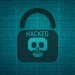Cybersecurity lock icon showing hacked WordPress VPS concept in blue binary background.