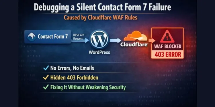 Diagram showing Contact Form 7 REST API request blocked by Cloudflare WAF causing a silent 403 error