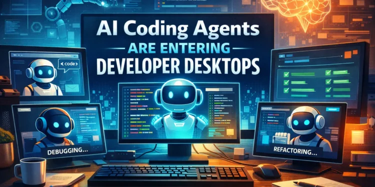AI coding agents integrated into developer desktop environments helping automate coding, debugging, and testing workflows