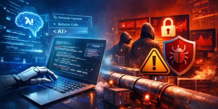 AI coding automation and developer pipeline security concept showing AI-assisted coding and cybersecurity risks in DevOps infrastructure