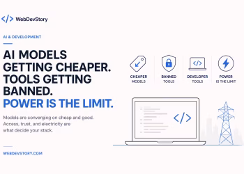 Minimal WebDevStory blog featured image showing AI models getting cheaper, coding tools facing restrictions, and electricity becoming a key limit for AI infrastructure.