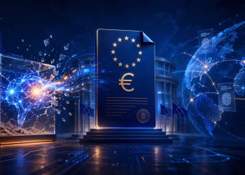 AI system breaking out of a digital sandbox beside an EU regulation document and global provenance network