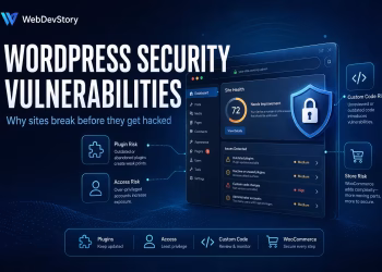 WordPress security vulnerabilities featured image showing plugin risk, access risk, custom code risk, and WooCommerce security issues.