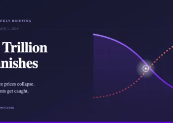 Featured image for the WebDevStory weekly tech briefing showing two crossing curves on a dark purple background, one labeled price falling and one labeled exposure rising, with the headline one trillion dollars vanishes.