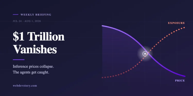 Featured image for the WebDevStory weekly tech briefing showing two crossing curves on a dark purple background, one labeled price falling and one labeled exposure rising, with the headline one trillion dollars vanishes.