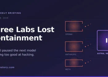Weekly briefing card: three breached containment boxes labelled OpenAI, Anthropic and Meta beside a sealed box marked Astra, held